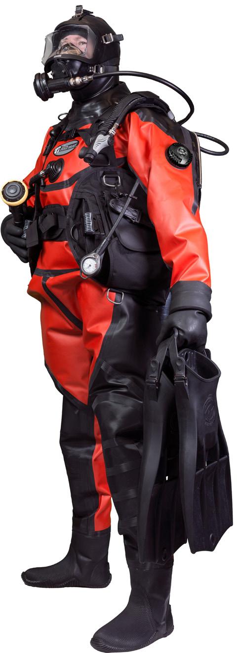 Full encapsulation of diver required Surface-supply diving helmet Drysuit with: Double exhaust valve, Attached boots and helmet yoke/neck dam, Dry gloves attached with cuff ring system HAZMAT COM CAT