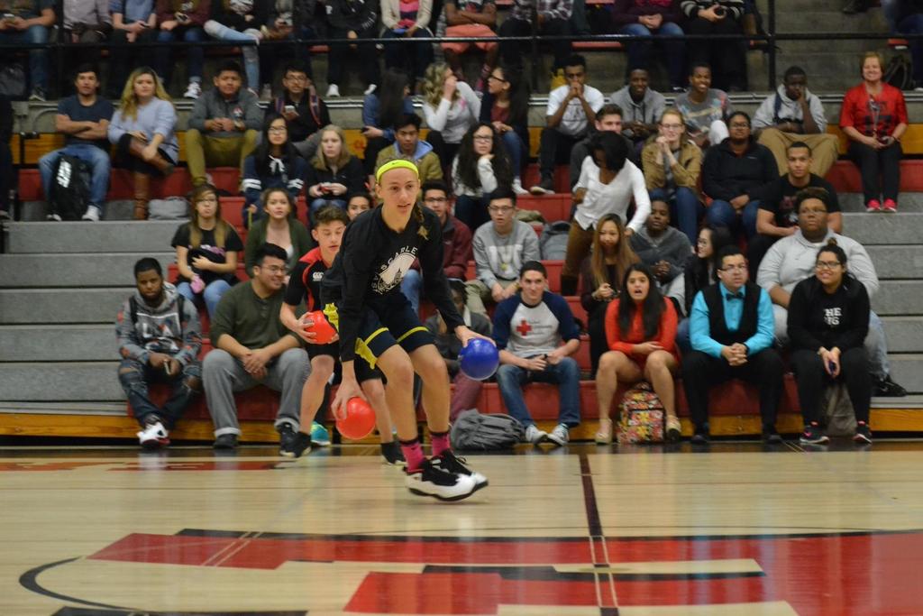 Photo/ E. Kinney Sophomore Taryn Anderson Competing in the National Honor Society sponsored dodge ball tournament. Held in the main gym on Friday, April 1. Eight teams competed.
