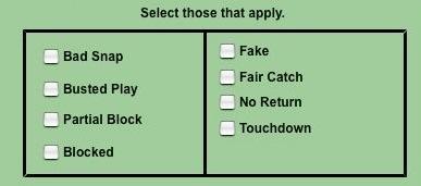 This button is used to put the word "Fake" into the text of the play by play. Fair Catch - When selected, the play by play will show No Return (Fair Catch).