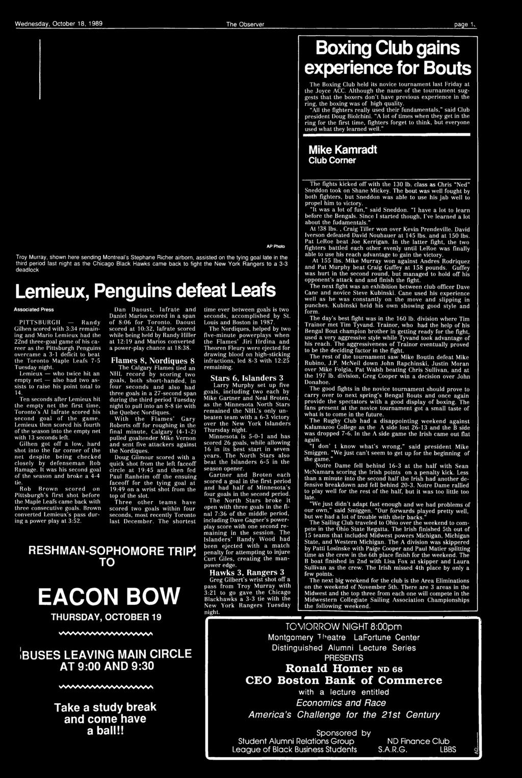 the New York Rangers to a 3-3 deadlock Lemeux, Penguns defeat Leafs PTTSBURGH Randy Glhen scored wth 3:34 remanng and Maro Lemeux had the 22nd three-goal game of hs career as the Pttsburgh Penguns