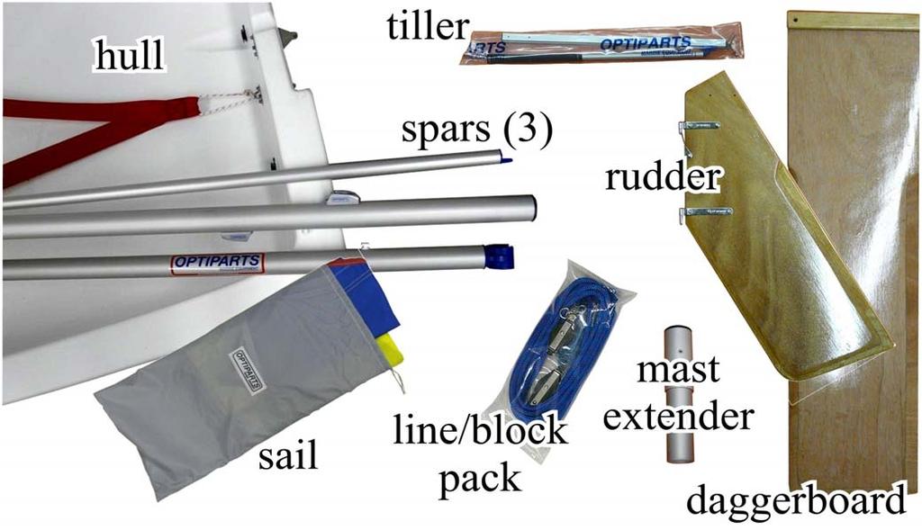 Check that your OPPI package includes: hull, tiller and extension, spars (mast, boom and sprit), rudder,