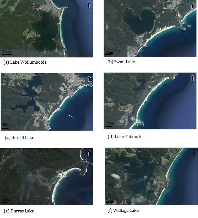 3.3 Characteristics of study ICOLLs (a) Lake Wollumboola (b) Swan Lake (c) Burrill Lake (d) Lake Tabourie (e) Lake Durras (f) Wallaga Lake Figure 14: Satellite imagery of each ICOLL.