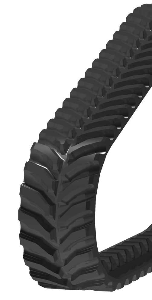 High Mileage RUBBER TRACKS Ag Tracks Leopard Strength Strong steel cables wound symmetrically for a true guide on the undercarriage Molded in guiding lugs and tread bars for maximum break off