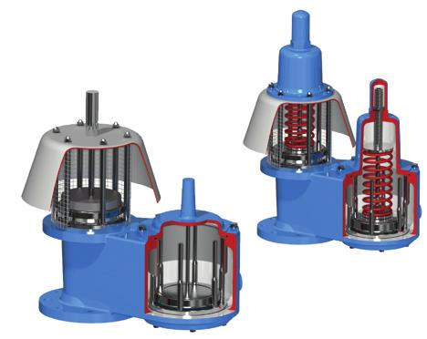 Weight or spring loaded valves capable of providing pressure and vacuum relief that vent to atmosphere.