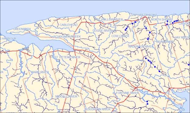 Figure 3: Map showing Brook Trout redd locations (marked with blue triangles) in 2014 within the Fortune River, Naufrage River, Bear River and Hay River watersheds. estimates.
