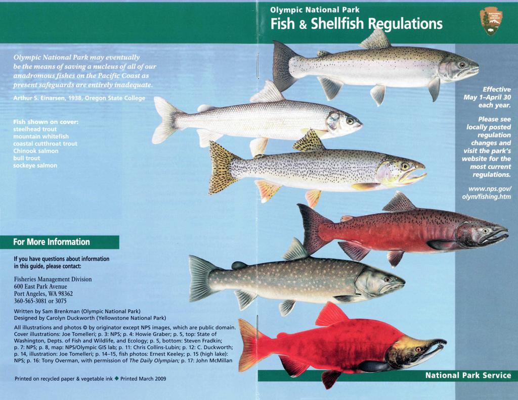 Olympic National Park Fish & Shellfish Regulations be the means of saving a nucleus of all of our anadromous fishes on the Pacific Coast as present safeguards are entirely inadequate. Arthur S.