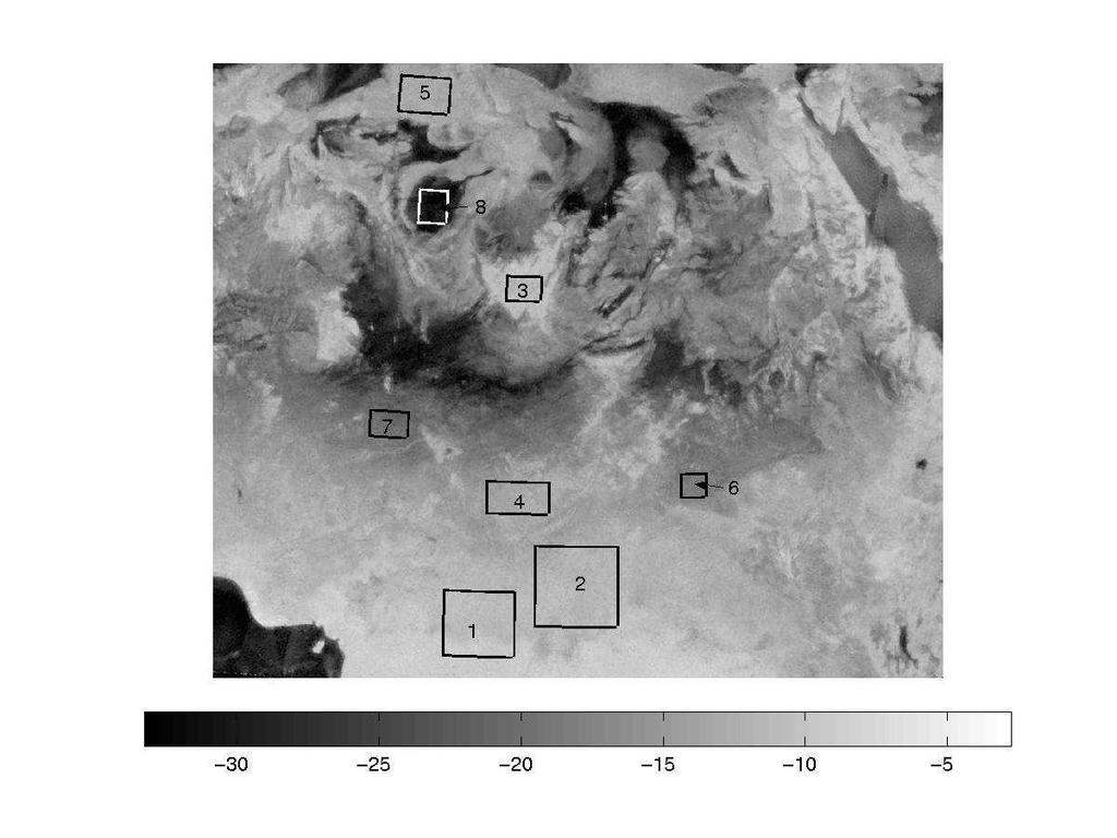 Figure B.1: Study region locations mapped over QSCAT image qusv-a-naf-37-4.sir. Each region is defined by latitude and longitude coordinates.