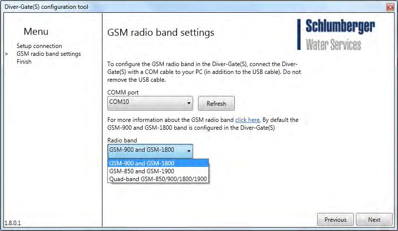 6. Select the COM port. 7. Select the GSM radio band and click Next to continue. 8.