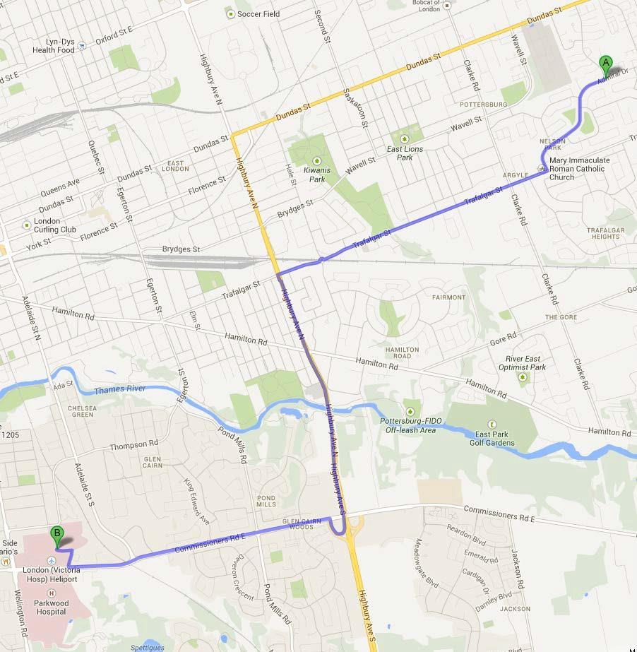 Course Safety Directions to London Health Sciences Centre 1 Head west on Admiral Dr toward Dickens Ave go 1.2 km 2 Turn right onto Trafalgar St go 2.
