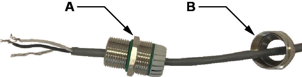 Transmitter power and I/O wiring A. Gland body B. Gland nut 3.