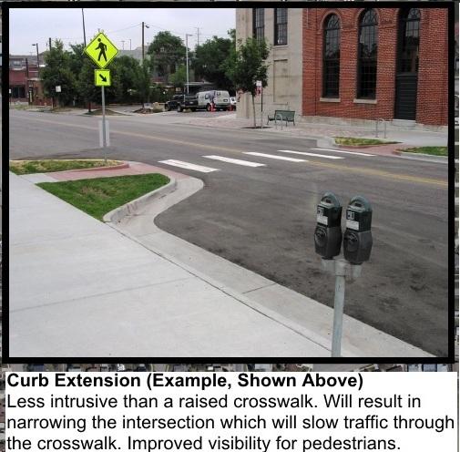 Curb Extensions & Raised Crosswalks A curb extension extends the sidewalk into the roadway