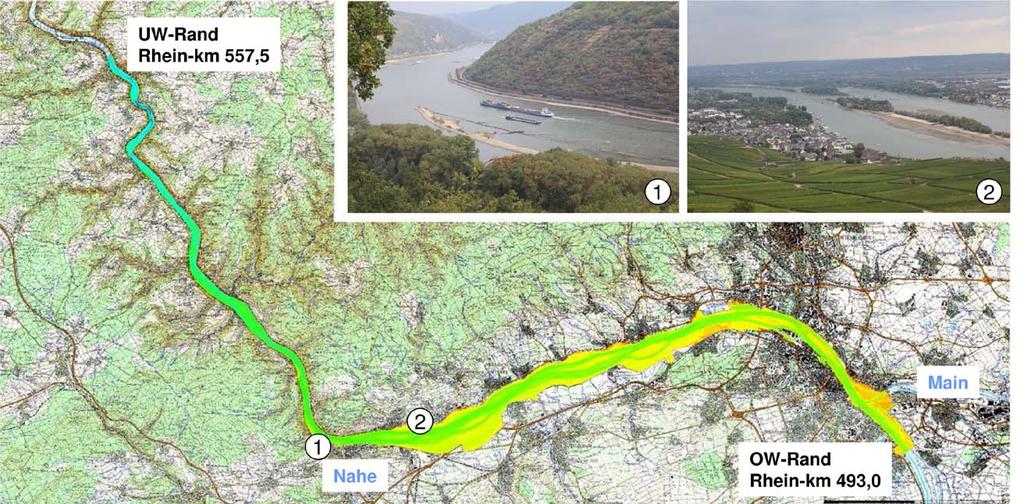 3. Hydraulic bottlenecks under changing hydrological conditions River Rhine reach Mainz St. Goar (Rhine-km 493-557) Rhine-km 557.