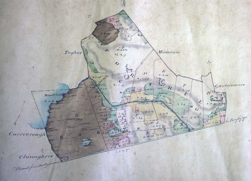 The townlands of Forthill (holdings A to I) and Barheen (holdings J to R), surveyed by Michael Phillips, 1848. The legend (below right) gives the amount of land of each quality held be each tenant.