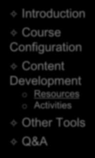 Adding Content Introduction Course Configuration Content Development o Resources o Activities Other