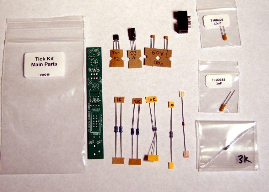 Tick Kit Description The Tick is a simple clock module kit. It has 3 ranges from fast to glacial, with a cool LED to show the range. The module puts out a square wave.