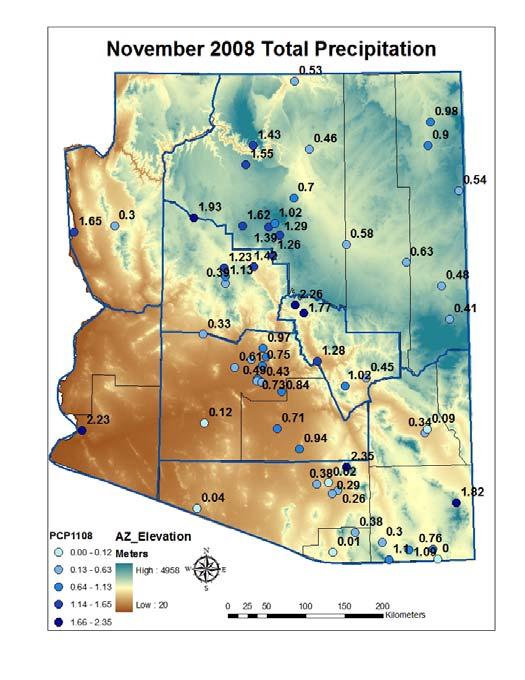 Mean minimum temperatures were in the 2s and 3s across most of northern Arizona, the s and 5s in the southwestern deserts, and in the 3s and s in southeastern Arizona for November.