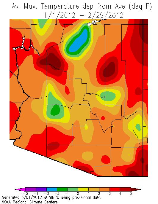 Daytime temperatures have been warmer than average everywhere except northwestern Maricopa County, northern Coconino County, Greenlee County, and southern