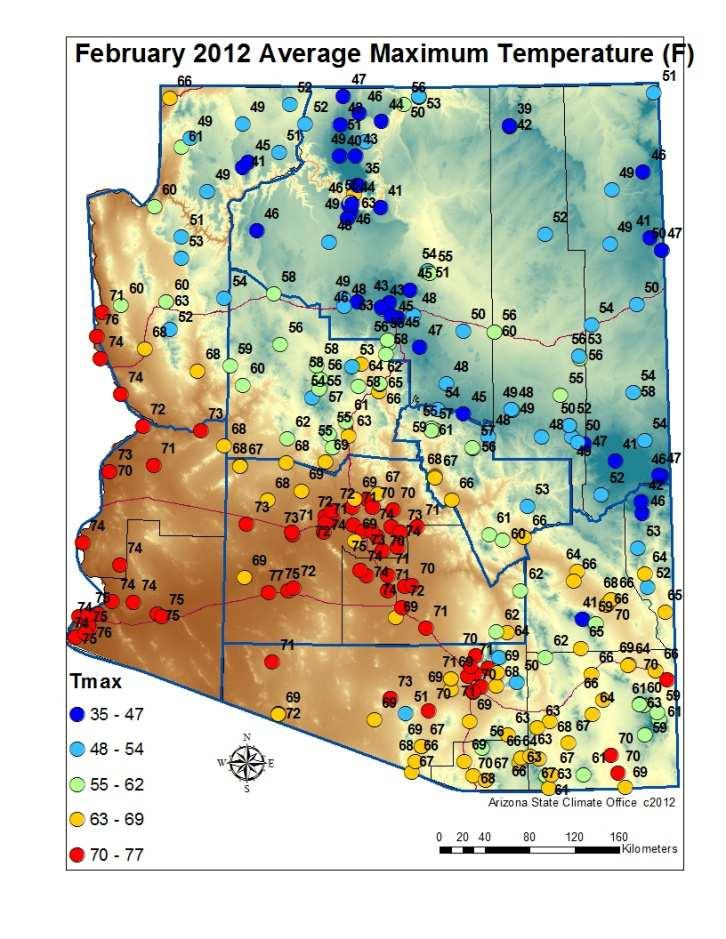 February 2012 Temperature, Dew Point, Wind Speed, and Precipitation Maps are based on preliminary data from the National Weather Service, the Arizona Meteorological Network (AZMet), operated by the