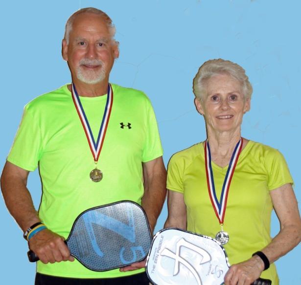 Results Mixed Doubles Ages 60-64 From left, Silver Medalist Mary Foraker and Craig Rhodes; Gold Medalist Gene Grunich