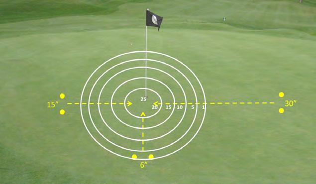 Place a tee at the 5, 4, 3, 2 and 1 foot distances. Utilizing these reference points, use the string and chalk/baby powder, to create your scoring circles.
