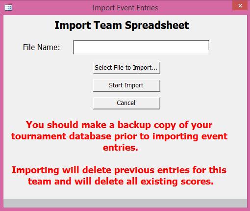 3. Select Import Team Spreadsheet option. An Import Team Spreadsheet window will appear. 4. Select the Select File to Import option.