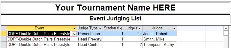 The system comes pre configured with all the events and required number of judges per event for your tournament.