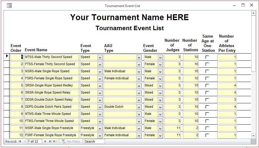 3. Add/Delete/Edit the Event Order. This determines the order in which the events will be run during the tournament, and it determines the print order for some reports. 4.