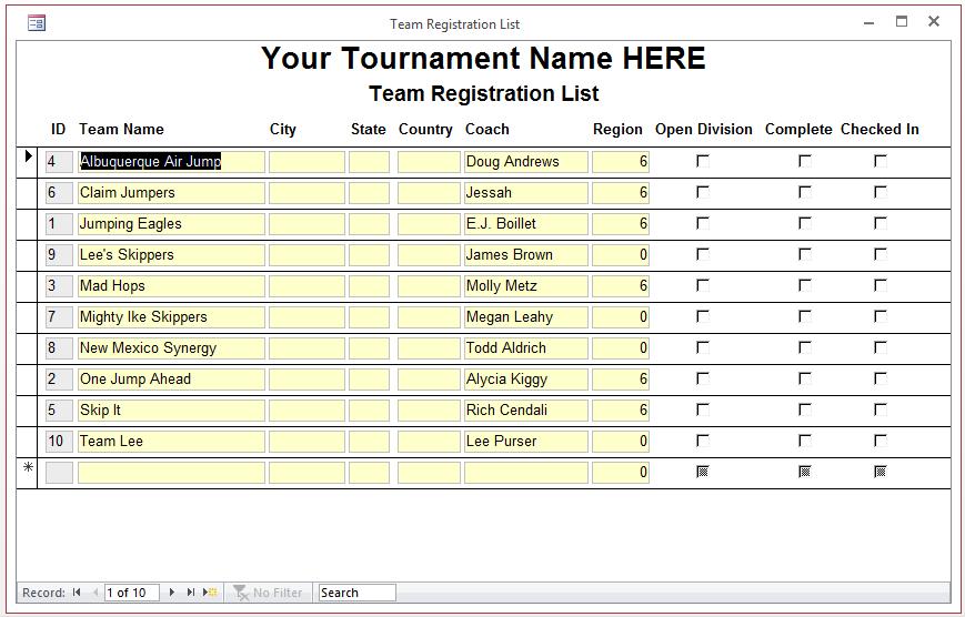 Define Teams 1. Select the Team and Competitor Registration option. 2. Select the Enter Team Information option. 3. Enter the Team Names participating in your tournament.