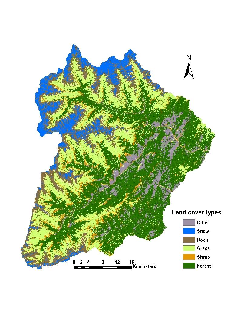 Figure 2. Land cover map of Wolong Nature Reserve classified from Landsat ETM+ image obtained in June 2001. 2. Blue sheep habitat modeling All tested MaxEnt models perform well as reflected by their areas under the receiver operating characteristic (ROC) curves (AUC).