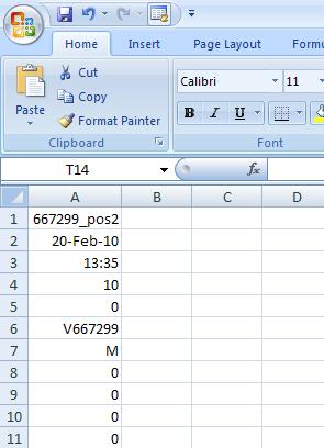3 below), with a header detailing the file name, date and time of initialisation, sampling rate and AW4 serial number. Figure 3.3 Raw Actiwatch 4 AWF file opened in Microsoft Excel.