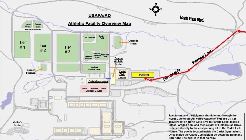 USAFA MAP AND DIRECTIONS Directions All spectators and participants must enter the Air Force Academy through the North Gate, exit 156 off of I 25.