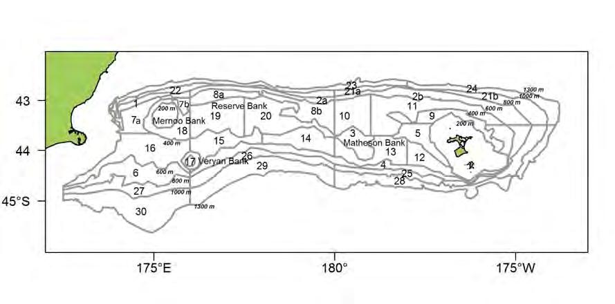Figure 1: Chatham Rise trawl survey area showing stratum boundaries.