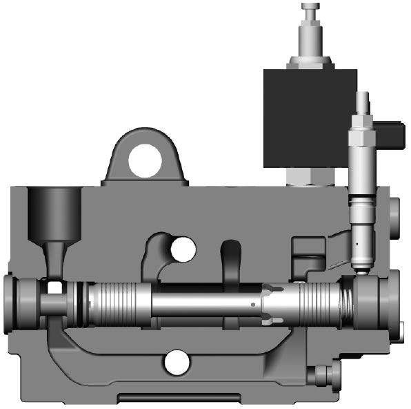 Inlet Section Manual override pin Pump unloading solenoid, BEN [22] Tank connection, T2 [25] Pilot part of main pressure relief valve [16] Pump unloading spool Inlet section for valve with integrated
