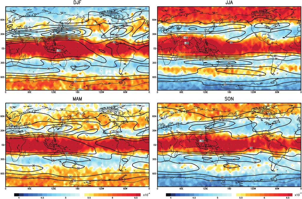 2284 JOURNAL OF CLIMATE VOLUME 23 FIG. 6. Static stability averaged over the 0 1-km layer above the tropopause (shading) for the seasons indicated.