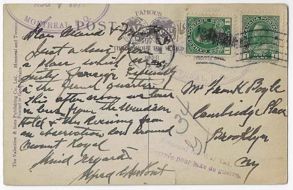 Item 283-30 Returned for War Tax bilingual - 1920, 1 Admiral tied by Montreal machine cancel on postcard to Brooklyn NY.