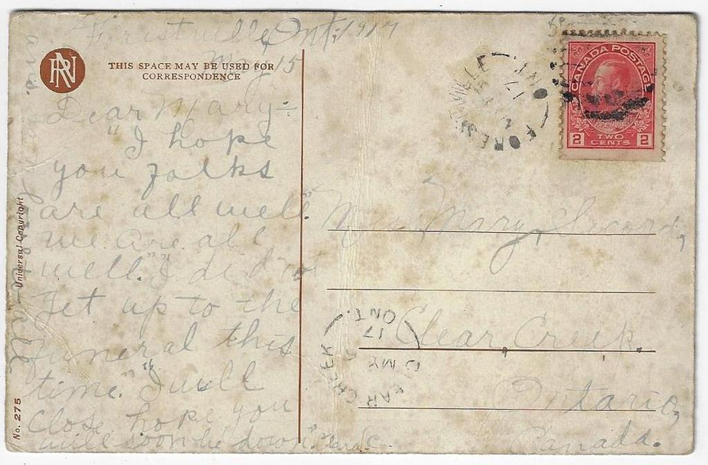 00 Item 283-31 Forestville Ont (Norfolk) -2 nd period 1917, 2 Admiral (booklet stamp) tied by grid cancel on postcard from Forestville Ont