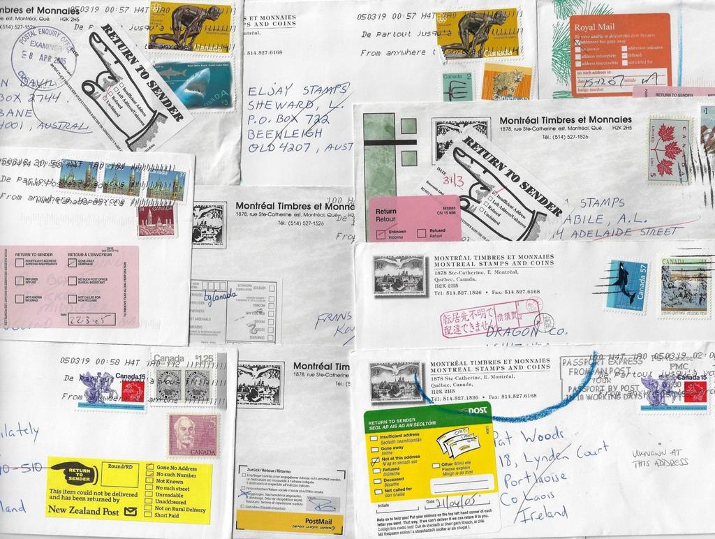 Item 283-38 Modern correspondence, returned 2005, 46 covers from a Montreal Stamp Dealer to the following countries and returned to sender: Greece, Ireland, Japan (7), Australia (4),