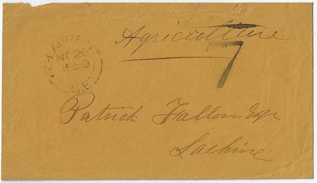 Item 283-41 St. Laurent CE 1859, stampless cover from St. Laurent CE unpaid 7 to Lachine (b/s). Montreal transit (b/s). Very scarce Quebec postmark. $100.