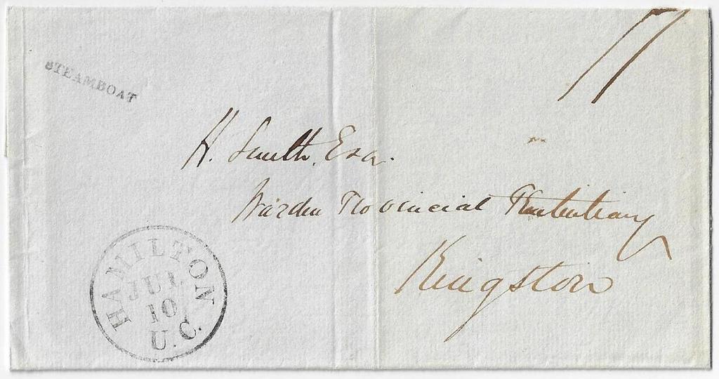 Item 283-43 Steamboat William IV 1839, stampless folded cover from Hamilton UC to Kingston, rated 11d collect, carried by Steamboat William IV on Lake Ontario.