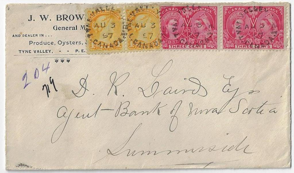 Item 283-06 Tyne Valley PEI 1897, 1 SQ (2), 3 Jubilee (2) tied by Ryne Valley PEI Canada (3 part dater, all sockedon-the-nose) on