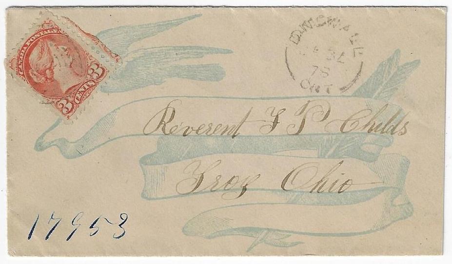 Item 283-08 Dingwall Ont (Bruce, 1874-1880) 1878, 3 SQ on lady cover from Dingwall Ont to Ohio. The Dingwall P.O. was opened in 1874 and closed in 1880.