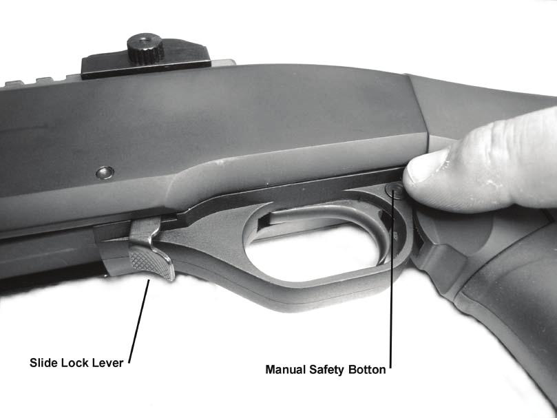 MANUAL SAFETY OPERATION The manual safety on the Weatherby Pump Shotgun PA459 is a button-type safety located on the rear of the trigger guard.