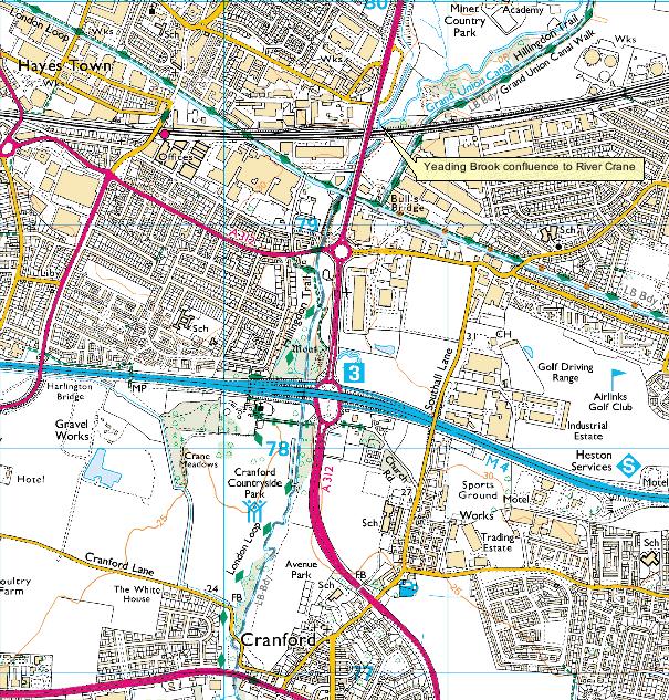 Figure 6: Map showing the Yeading Brook confluence with the River Crane.
