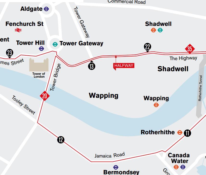 options: Surrey Quays, Rotherhithe Mile 13 Nearest Tube: Tower Hill (Circle and District Line)