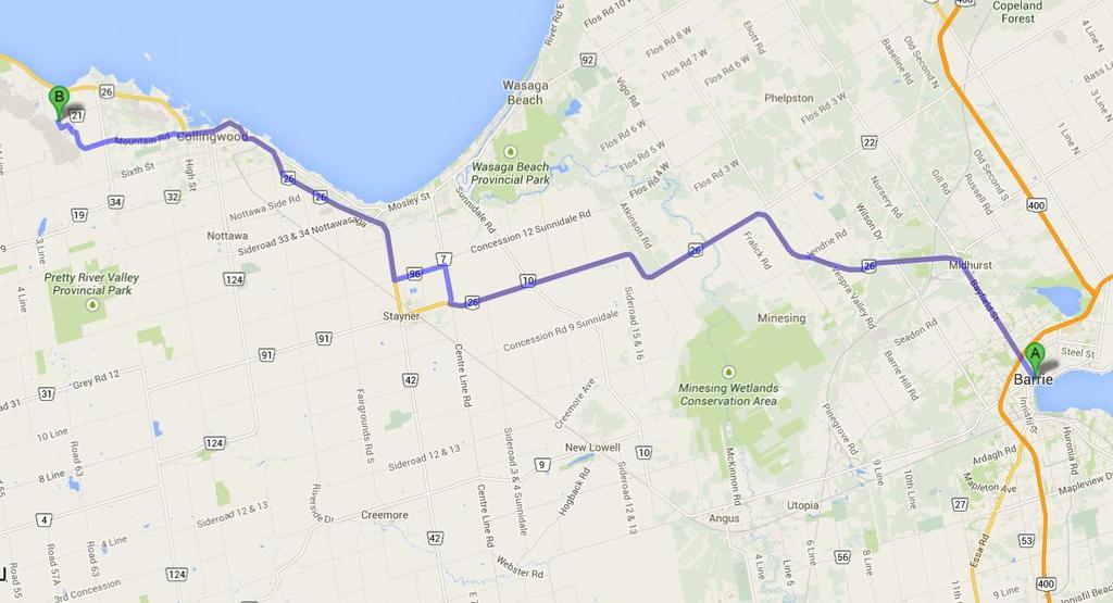 Grey County Road Race: Directions Directions to Blue Mountain Village: From Barrie, ON 1. Head east toward Clapperton St 2. Slight left onto Clapperton St 3. Take the 1st left onto Collier St 4.