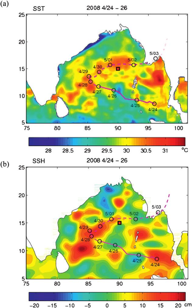 1742 J O U R N A L O F P H Y S I C A L O C E A N O G R A P H Y VOLUME 41 FIG. 1. (a) SST and (b) SSHA averaged over the three days 24 26 April 2008 before Cyclone Nargis became a severe storm.