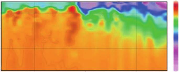 The upper panel shows estimated monthly velocity field and the WOCE IO E hydrographic stations marked as black dots. The lower panel shows vertical section of salinity along the WOCE IO E.