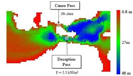 Figure 3-20. Power density and bathymetry in Deception Pass (Polagye 2006) While no formal geologic survey exists for Deception Pass, it can be inferred that the seabed is solid rock.