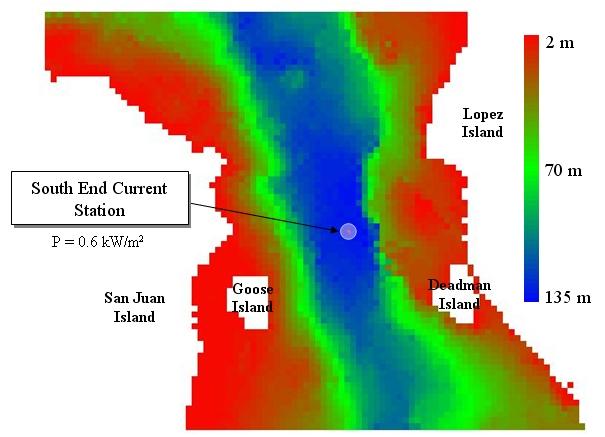 Figure 3-34. Power density and bathymetry in San Juan Channel (Polagye 2006) A representative plot of channel power over a tidal cycle is given in Figure 3-35.