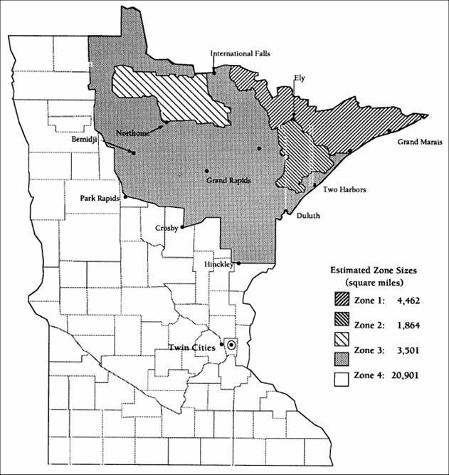 could shoot wolves within 5 miles of a previous livestock depredation (United States Fish and Wildlife Service 1992). Figure 1. Minnesota wolf zones under federal management, 1978-2007.
